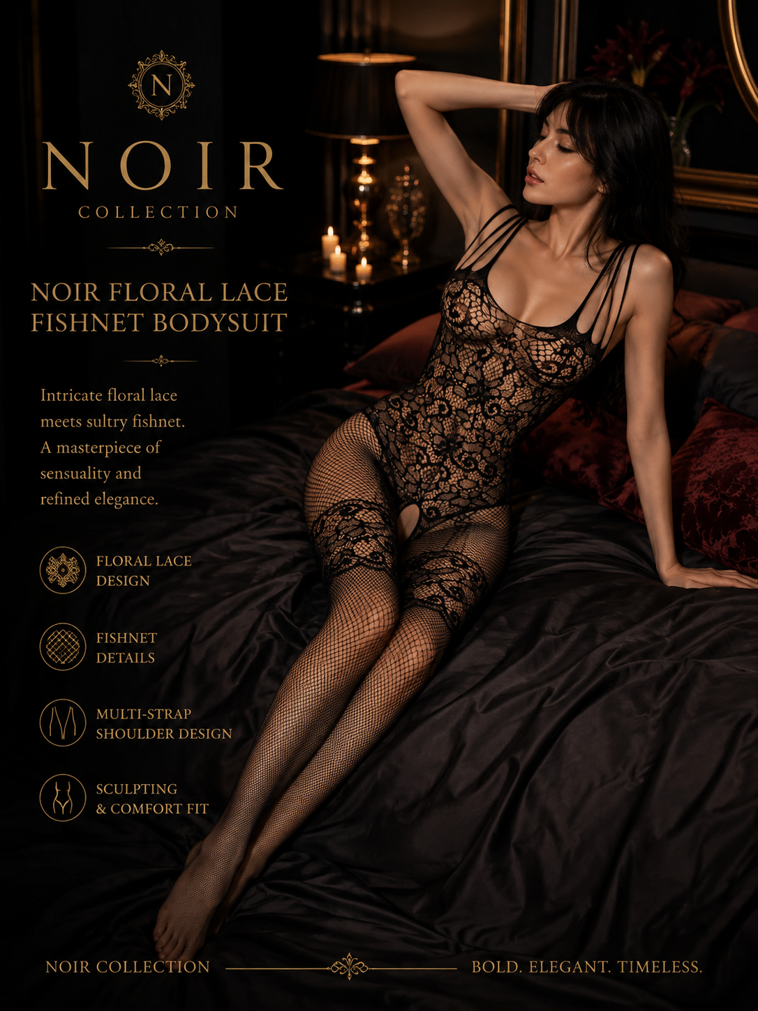 Noir - Floral Lace Fishnet Bodysuit
