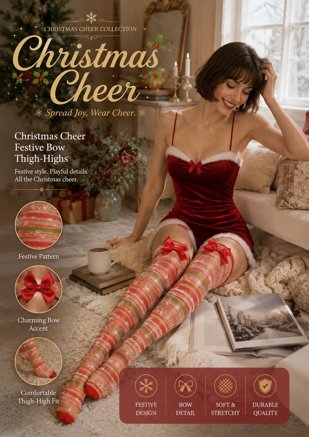Christmas Cheer - Festive Bow Thigh-Highs