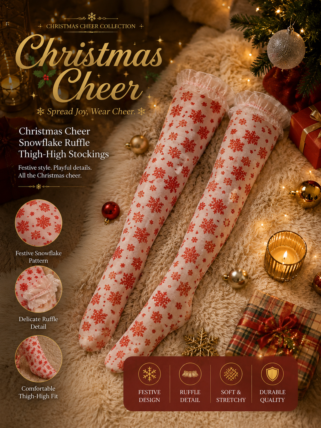 Christmas Cheer - Snowflake Ruffle Thigh-High Stockings