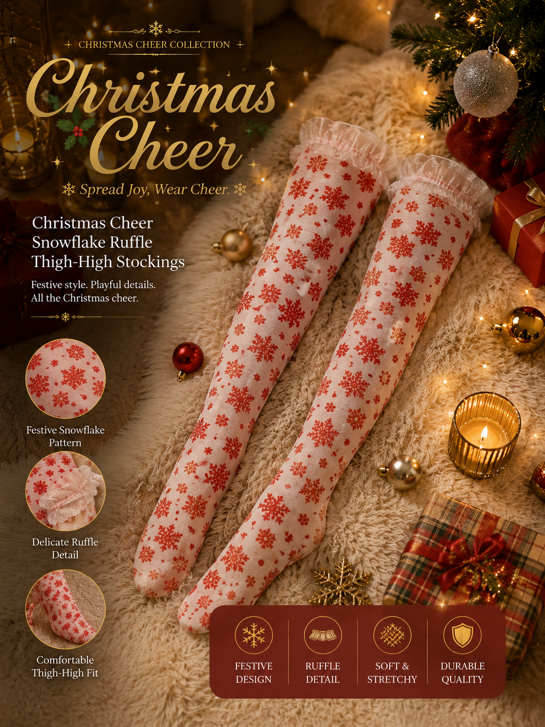 Christmas Cheer - Snowflake Ruffle Thigh-High Stockings