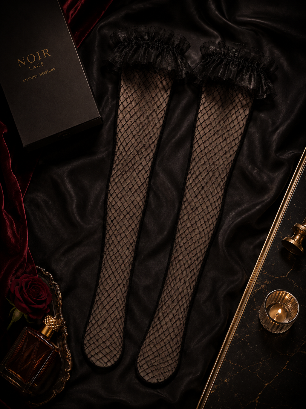 Noir - Ruffle Fishnet Thigh-High Stockings