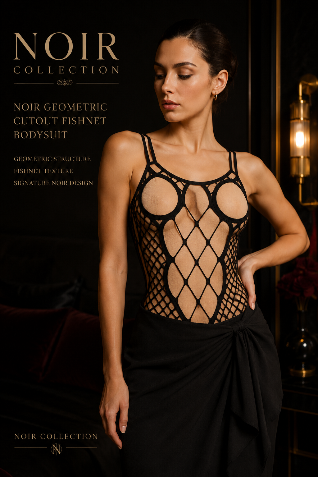 Noir - Geometric Cutout Fishnet Bodysuit