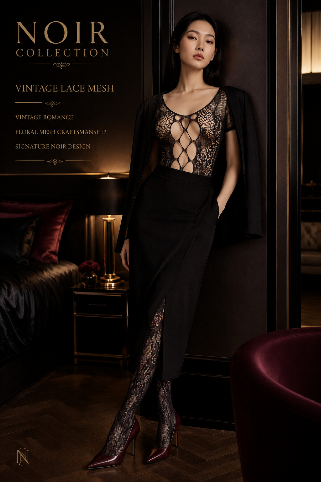 Noir - Vintage Lace Mesh Bodysuit