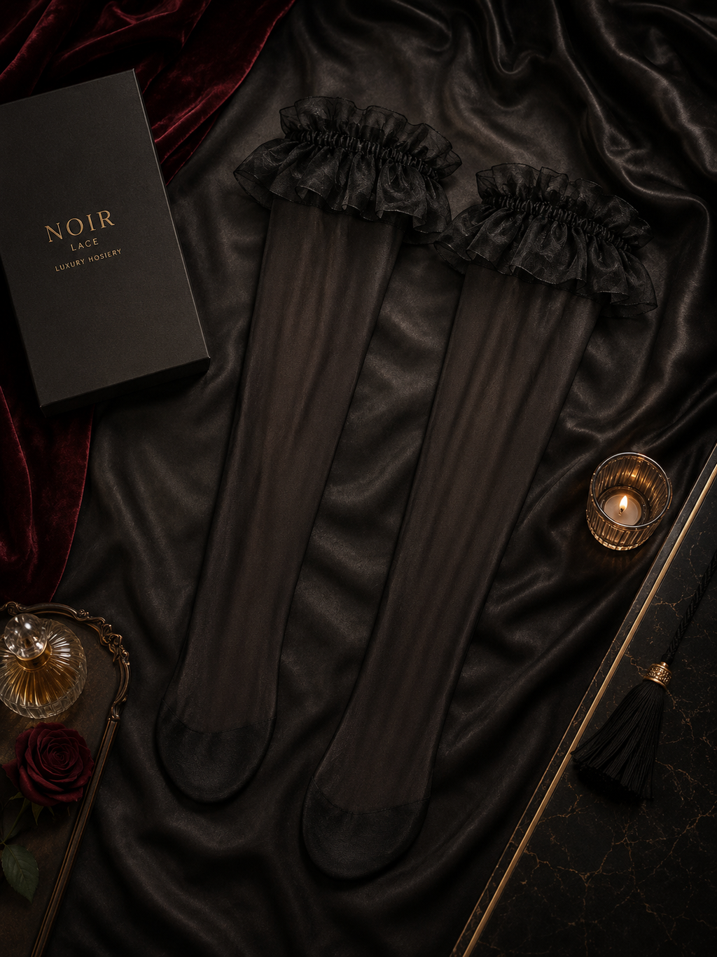 Noir - Ruffle Lace Thigh-High Stockings