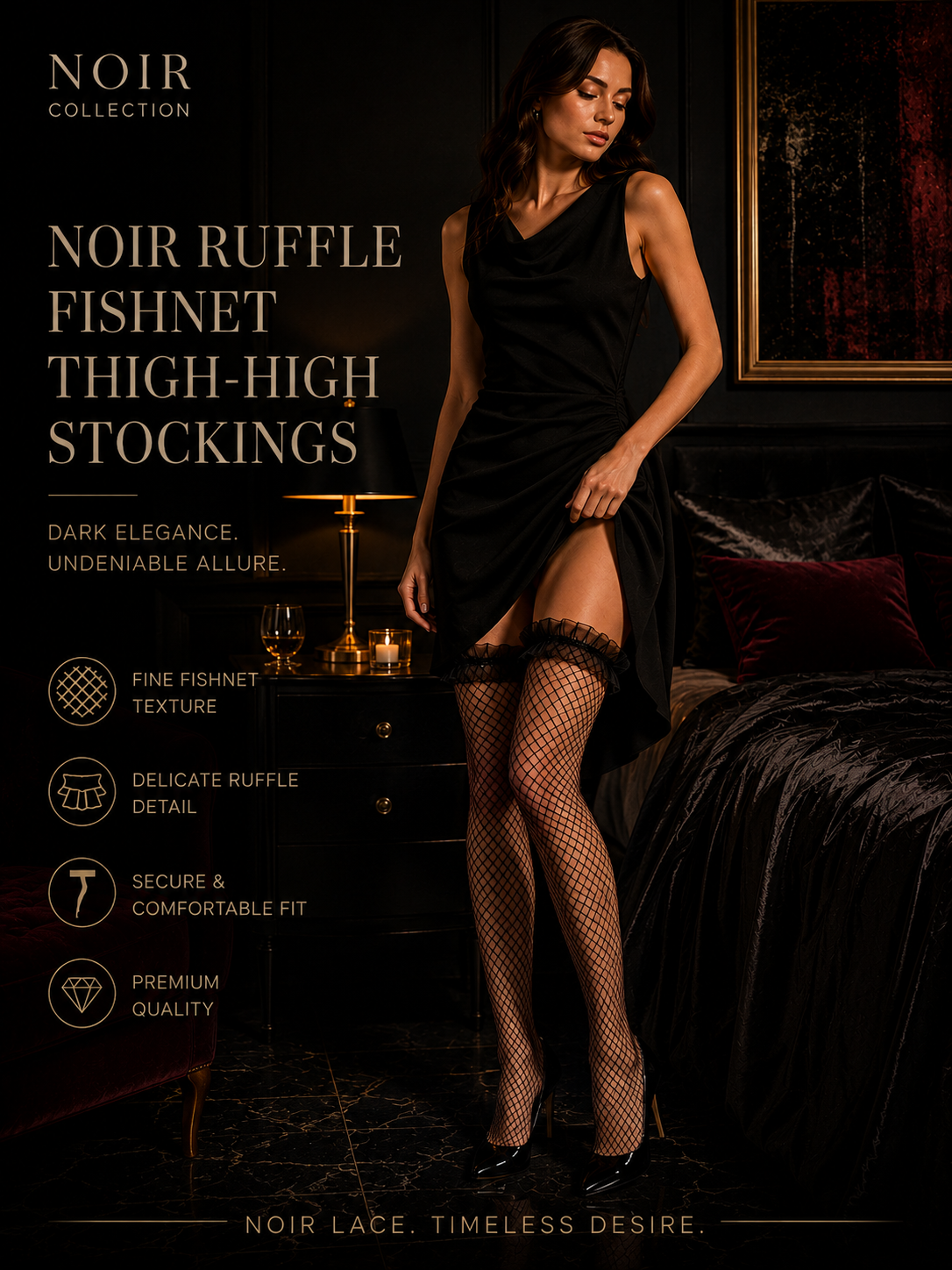 Noir - Ruffle Fishnet Thigh-High Stockings