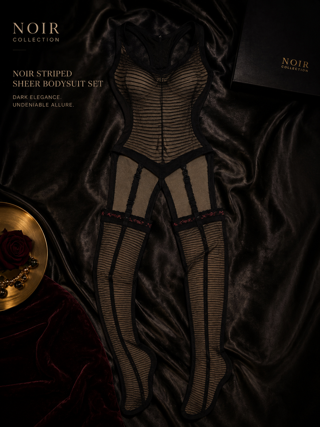 Noir - Striped Sheer Bodysuit Set