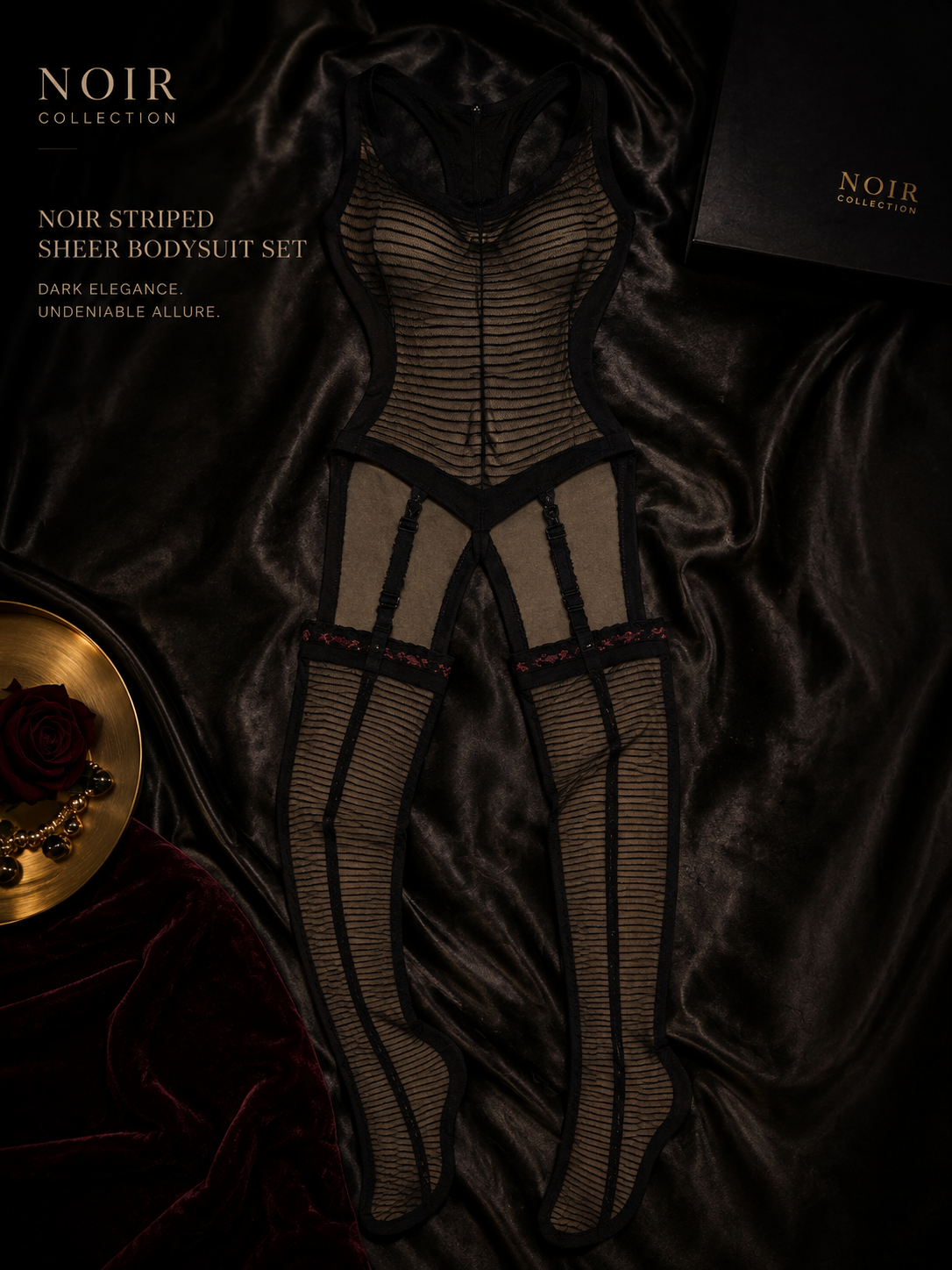 Noir - Striped Sheer Bodysuit Set