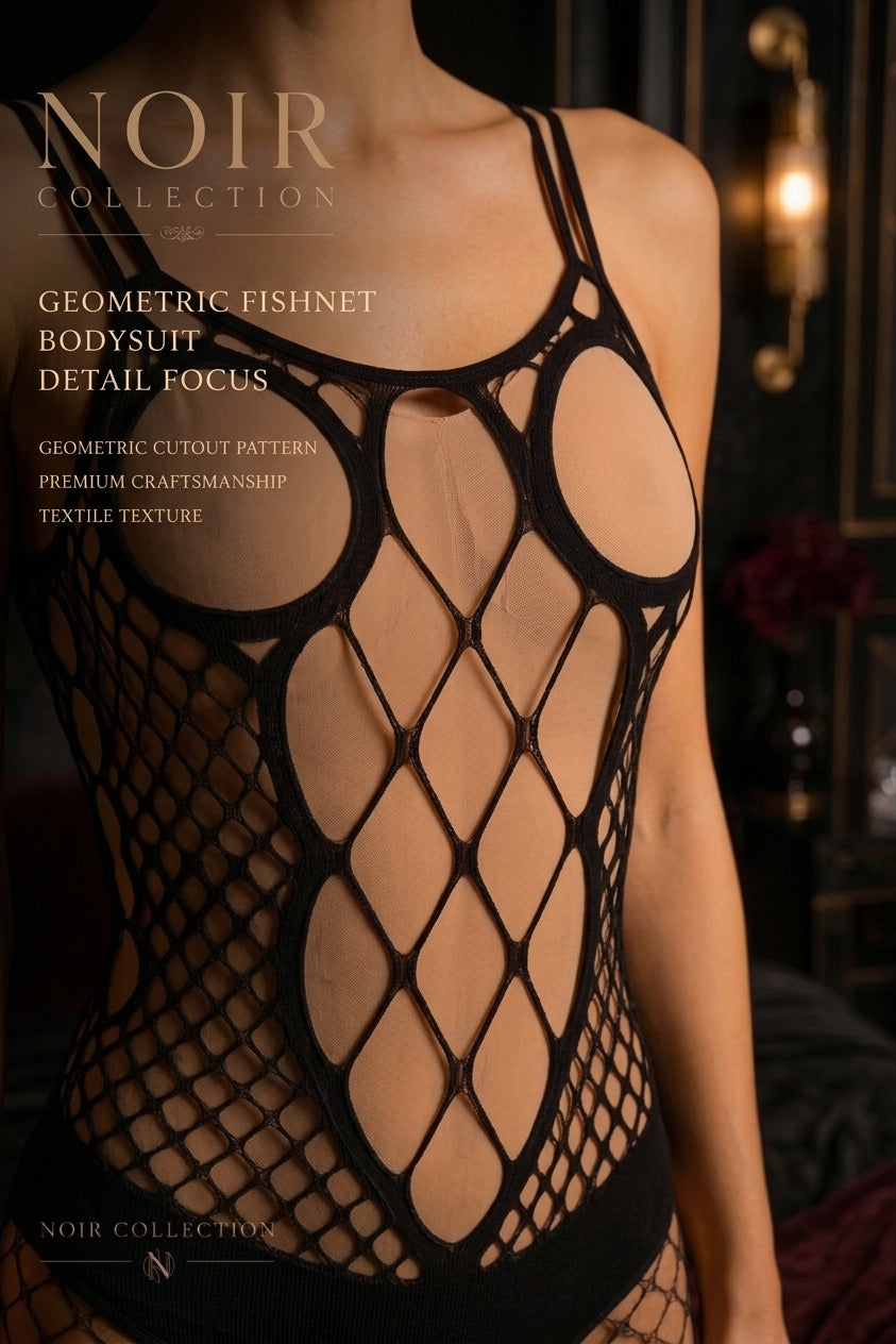 Noir - Geometric Cutout Fishnet Bodysuit