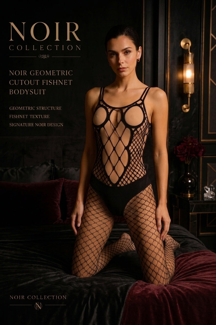 Noir - Geometric Cutout Fishnet Bodysuit